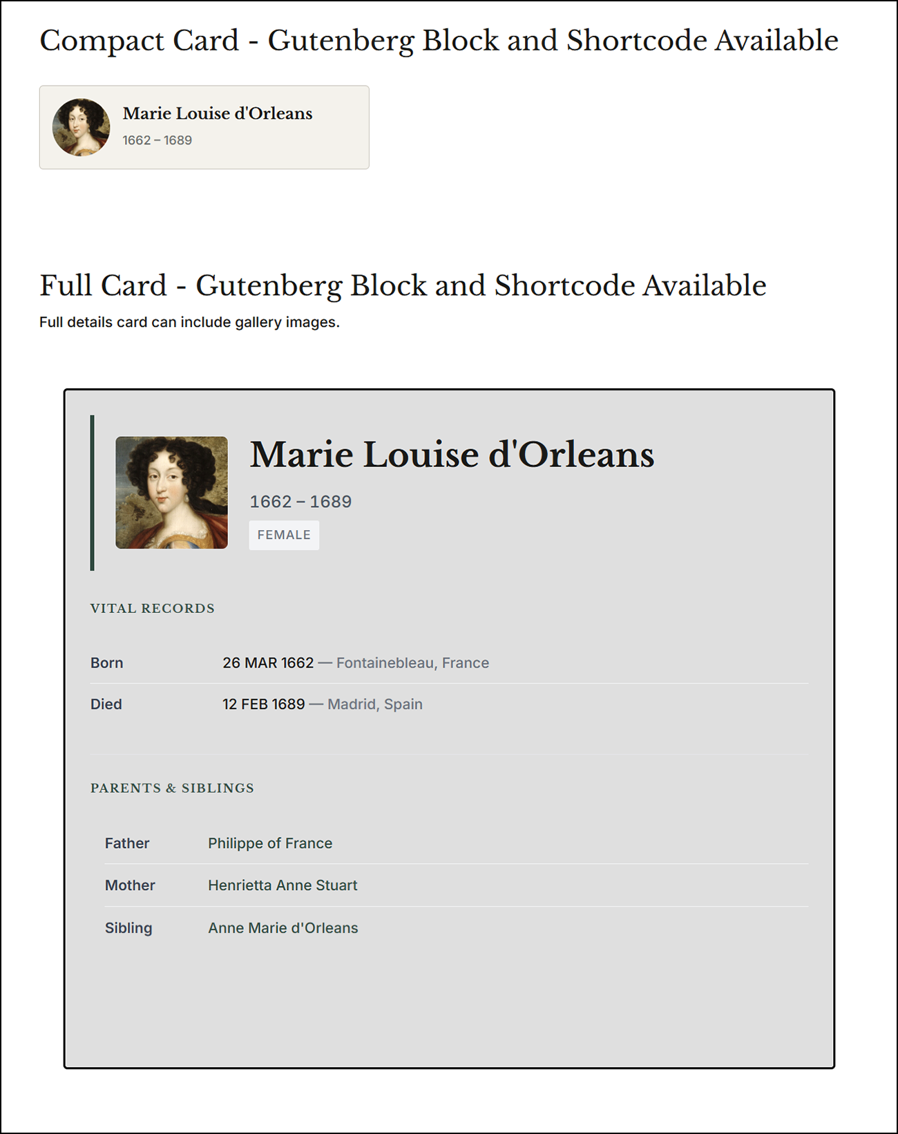 AP Family Trees profile cards, designed to sit inside blog posts.