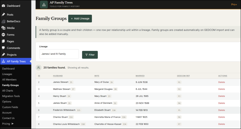 A Family Group page withing Ancestor Press Family Trees