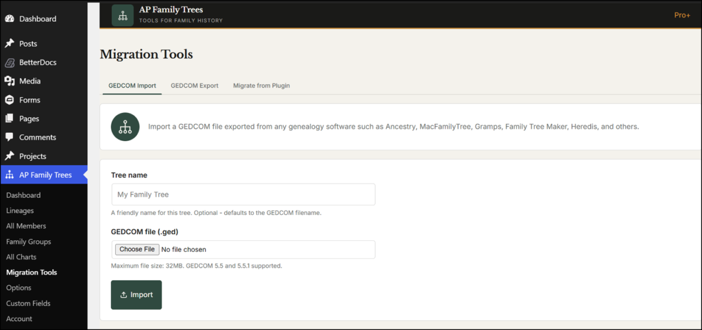 GEDCOM Import in AncestorPress
