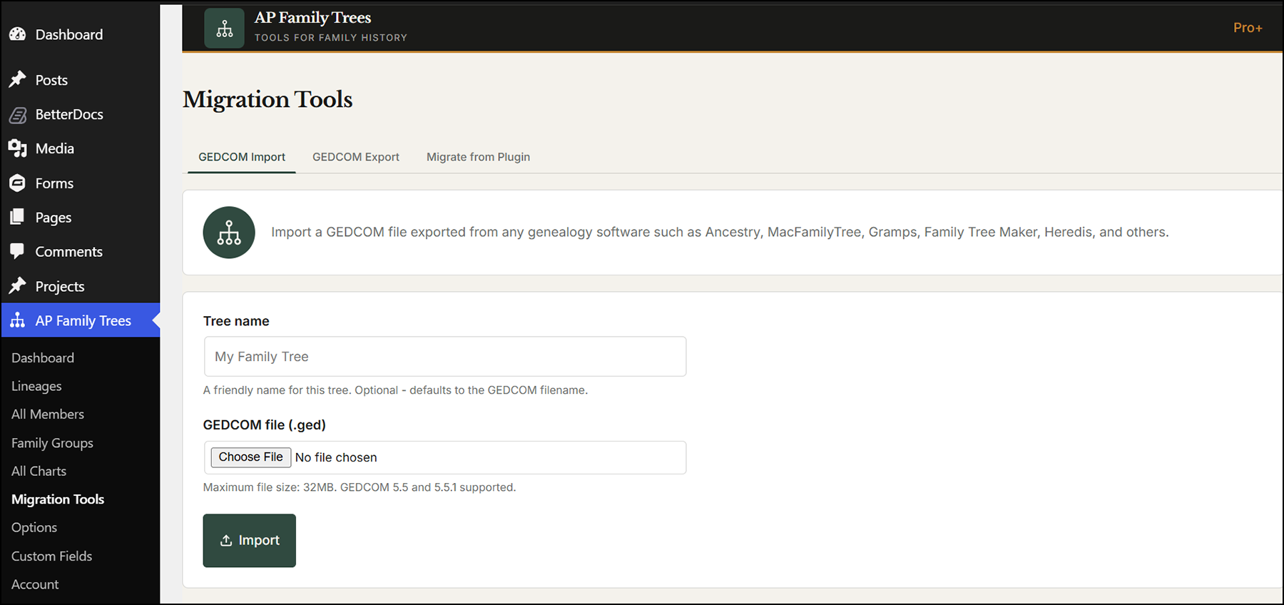 Importing a GEDCOM file into AP Family Trees.