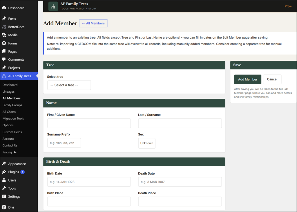 Adding a family member in AncestorPress