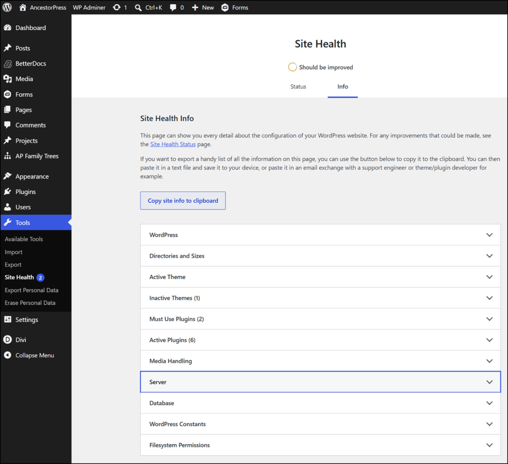 Find details for your site PHP, server etc on the Site Health page of WordPress