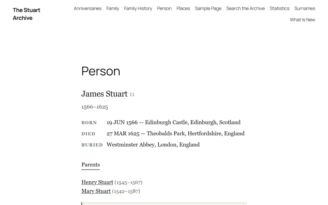 AP Family Archive person page with a living relative shown as Living