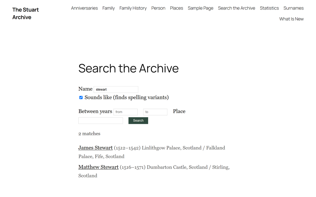 Search in AP Family Archive, with the sounds-like option finding spelling variants.