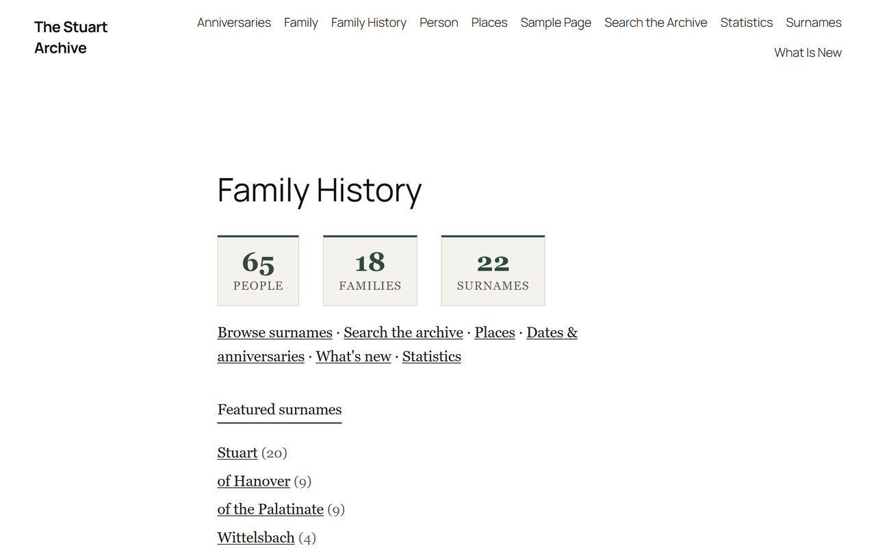AP Family Archive family history hub with headline statistics